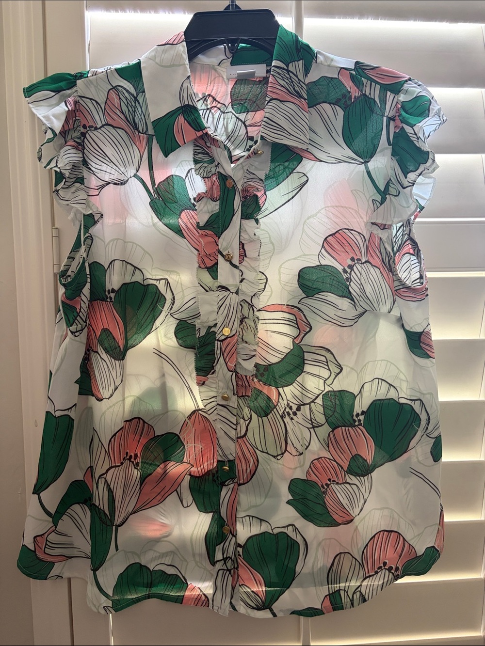 Liz Claiborne Pink, Green & White Floral Ruffle Button-Down Blouse -